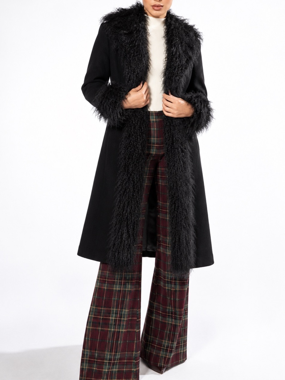 Marryn Richards Vintage Y2K Penny Lane Lambswool Mongolian Fur Coat Black Size 8
